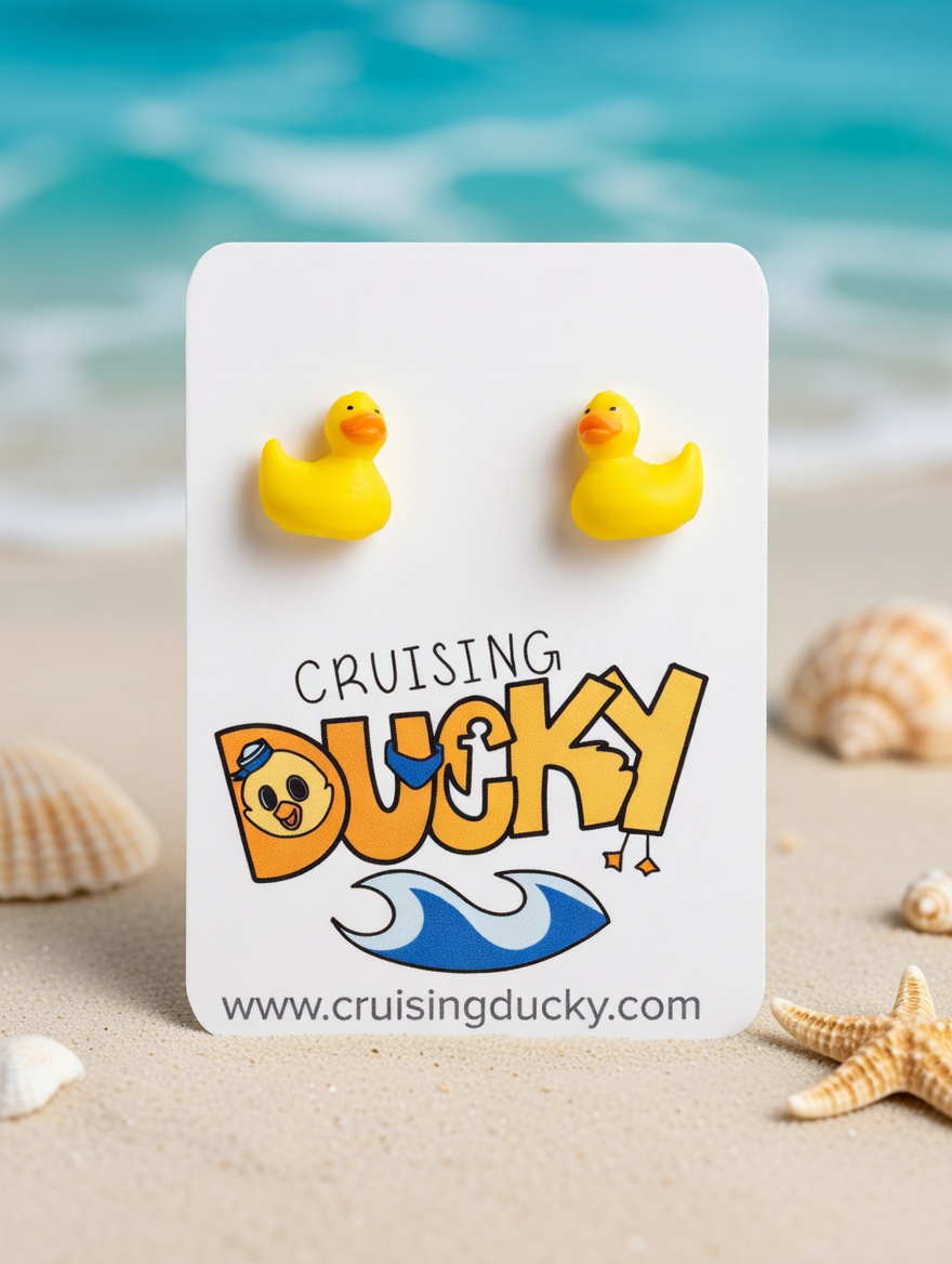 Yellow rubber ducky stud earrings with hypoallergenic stainless steel posts on Cruising Ducky branded backing card